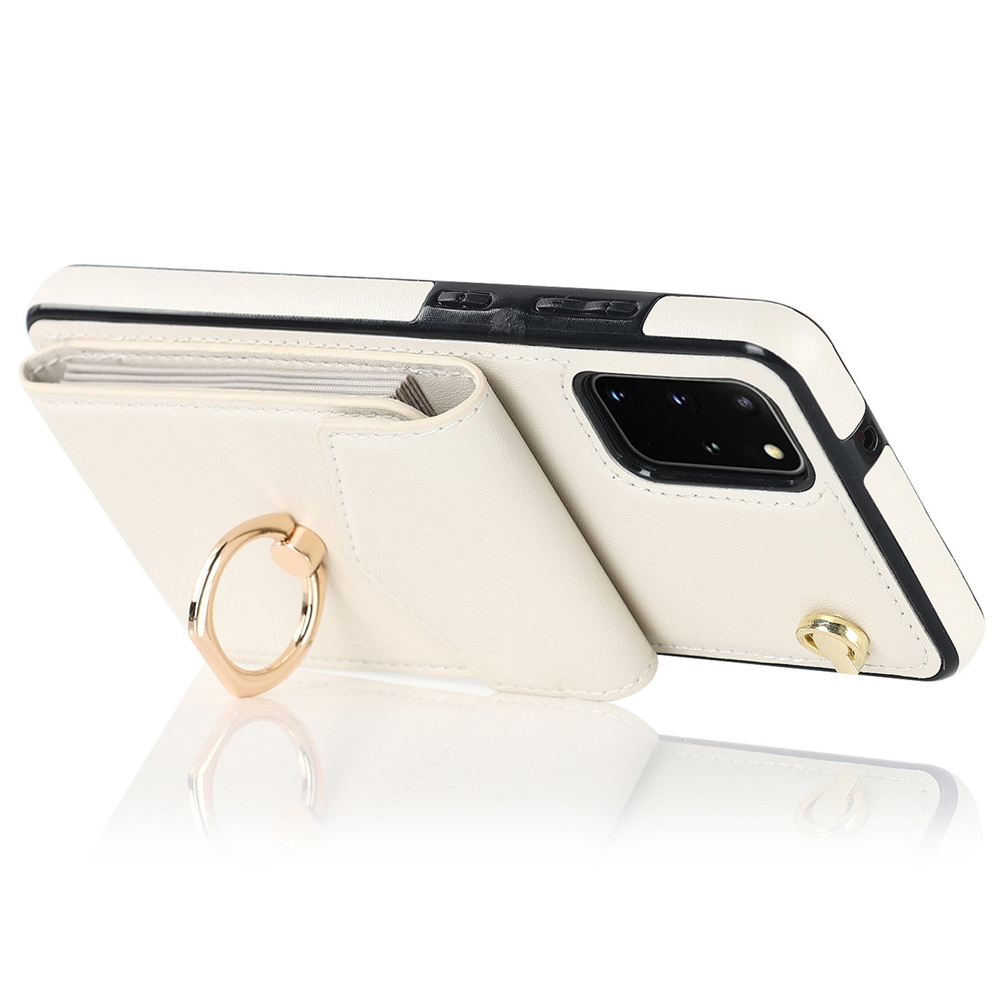 For Samsung Galaxy S20 4G / 5G Accordion Style Card Bag RFID Blocking Protective Cover PU Leather+TPU Ring Kickstand Anti-drop Case with Strap - Beige