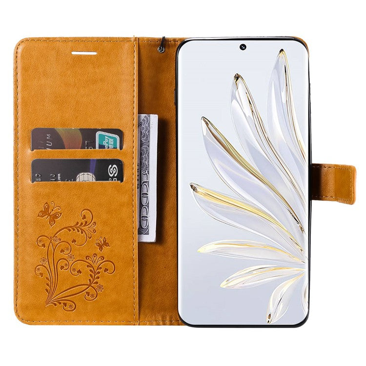 KT Imprinting Flower Series-2 for Honor 70 5G Magnetic Clasp PU Leather Mobile Phone Case Imprinted Butterfly Pattern Stand Wallet Cover - Yellow