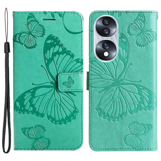 KT Imprinting Flower Series-2 for Honor 70 5G Magnetic Clasp PU Leather Mobile Phone Case Imprinted Butterfly Pattern Stand Wallet Cover - Green