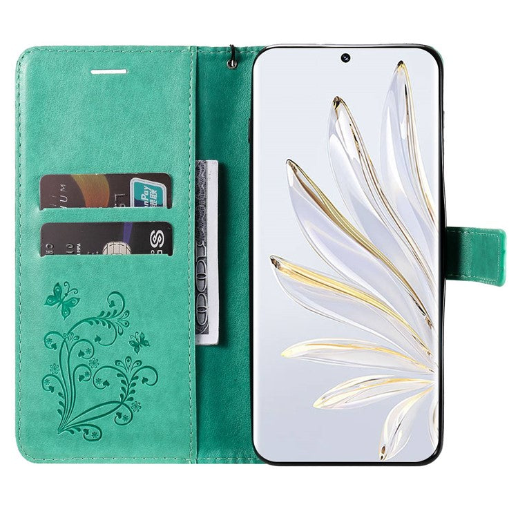 KT Imprinting Flower Series-2 for Honor 70 5G Magnetic Clasp PU Leather Mobile Phone Case Imprinted Butterfly Pattern Stand Wallet Cover - Green
