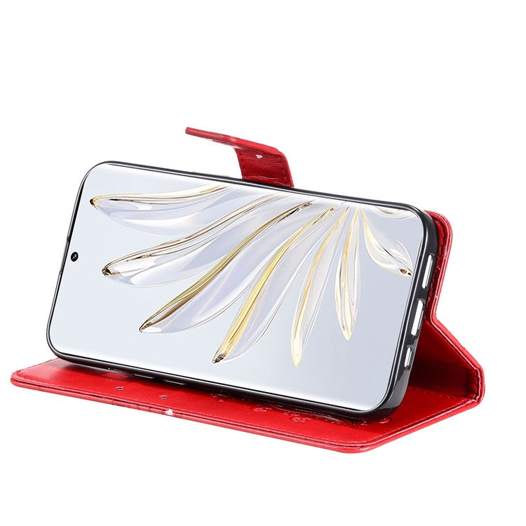 KT Imprinting Flower Series-2 for Honor 70 5G Magnetic Clasp PU Leather Mobile Phone Case Imprinted Butterfly Pattern Stand Wallet Cover - Red