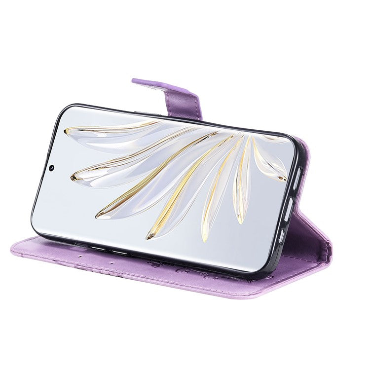 KT Imprinting Flower Series-2 for Honor 70 5G Magnetic Clasp PU Leather Mobile Phone Case Imprinted Butterfly Pattern Stand Wallet Cover - Purple