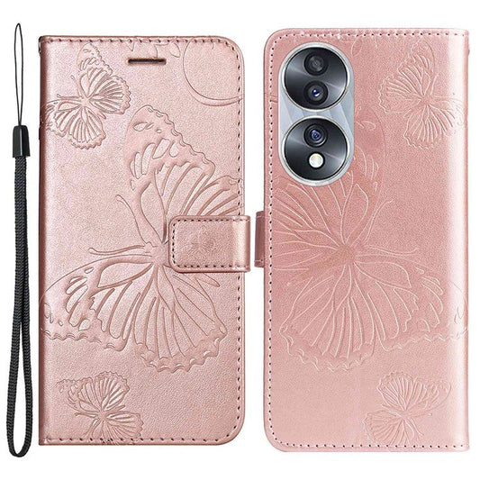 KT Imprinting Flower Series-2 for Honor 70 5G Magnetic Clasp PU Leather Mobile Phone Case Imprinted Butterfly Pattern Stand Wallet Cover - Rose Gold