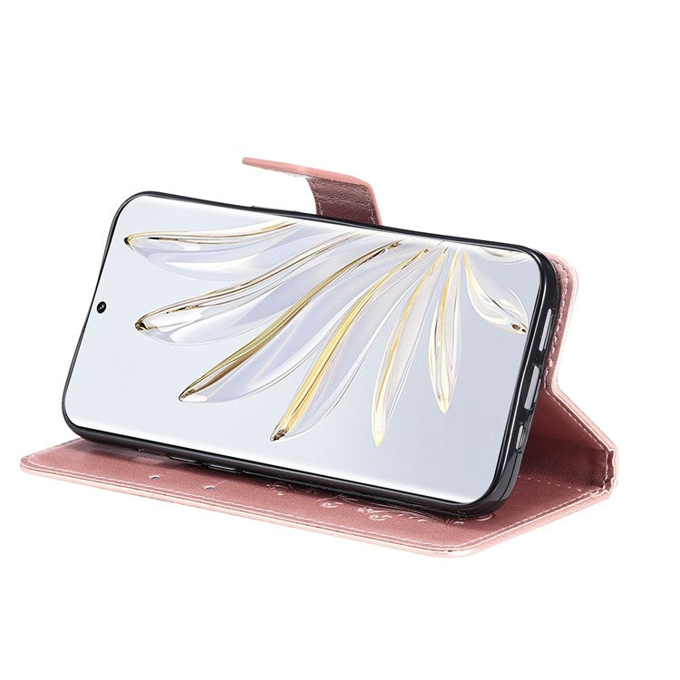 KT Imprinting Flower Series-2 for Honor 70 5G Magnetic Clasp PU Leather Mobile Phone Case Imprinted Butterfly Pattern Stand Wallet Cover - Rose Gold