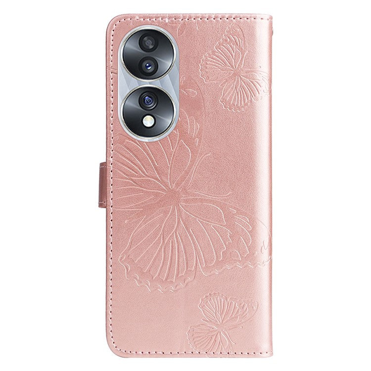 KT Imprinting Flower Series-2 for Honor 70 5G Magnetic Clasp PU Leather Mobile Phone Case Imprinted Butterfly Pattern Stand Wallet Cover - Rose Gold