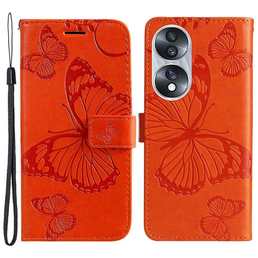 KT Imprinting Flower Series-2 for Honor 70 5G Magnetic Clasp PU Leather Mobile Phone Case Imprinted Butterfly Pattern Stand Wallet Cover - Orange