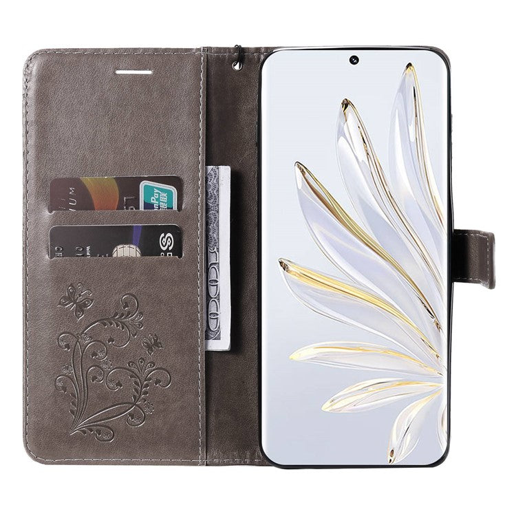 KT Imprinting Flower Series-2 for Honor 70 5G Magnetic Clasp PU Leather Mobile Phone Case Imprinted Butterfly Pattern Stand Wallet Cover - Grey