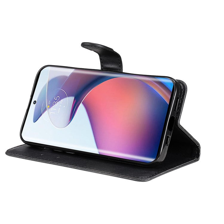 KT Leather Series-2 for Motorola Edge 30 Fusion 5G / Moto S30 Pro 5G Wallet Case Solid Color PU Leather Stand Magnetic Flip Phone Cover with Strap - Black