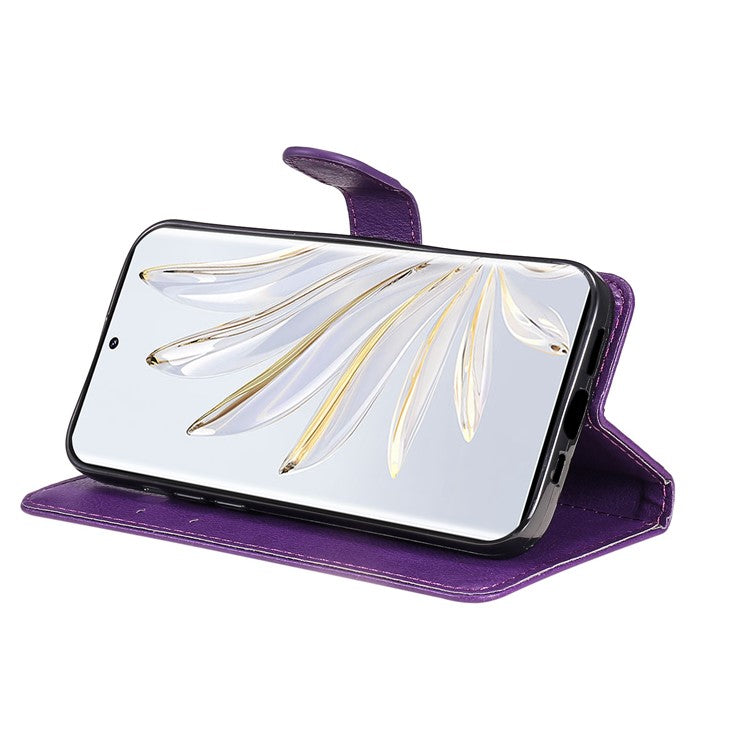 KT Leather Series-2 for Honor 70 5G PU Leather Flip Phone Case Full Body Protection Stand Solid Color Wallet Magnetic Cover with Strap - Purple