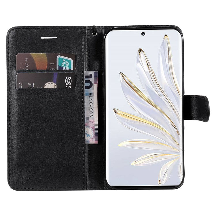 KT Leather Series-2 for Honor 70 5G PU Leather Flip Phone Case Full Body Protection Stand Solid Color Wallet Magnetic Cover with Strap - Black
