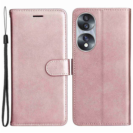 KT Leather Series-2 for Honor 70 5G PU Leather Flip Phone Case Full Body Protection Stand Solid Color Wallet Magnetic Cover with Strap - Rose Gold