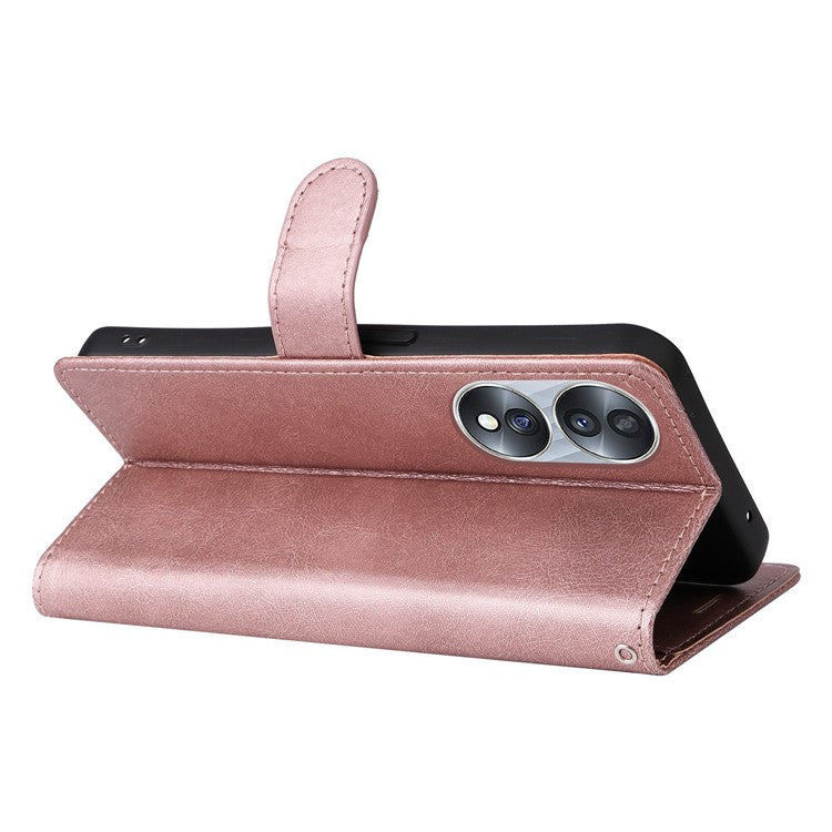 KT Leather Series-2 for Honor 70 5G PU Leather Flip Phone Case Full Body Protection Stand Solid Color Wallet Magnetic Cover with Strap - Rose Gold