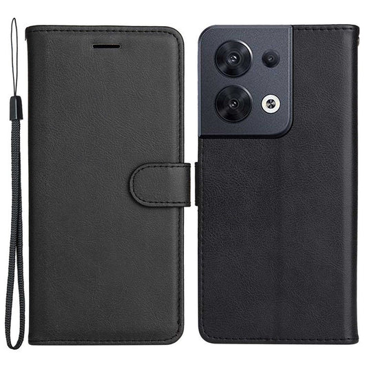 KT Leather Series-2 for Oppo Reno8 5G / Reno8 5G (Global Version) PU Leather Phone Case Solid Color Wallet Stand Magnetic Flip Cover with Strap - Black