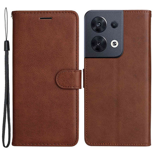 KT Leather Series-2 for Oppo Reno8 5G / Reno8 5G (Global Version) PU Leather Phone Case Solid Color Wallet Stand Magnetic Flip Cover with Strap - Brown