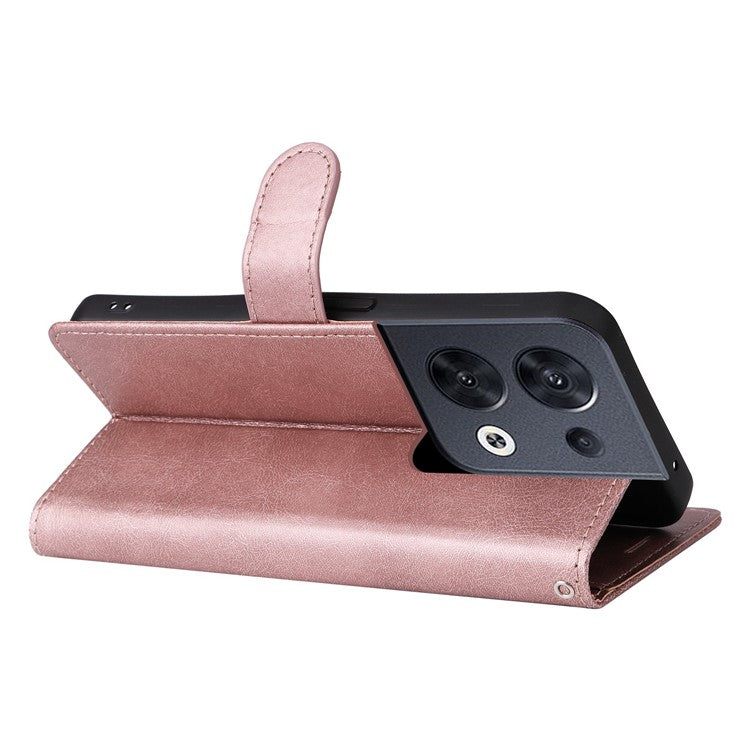 KT Leather Series-2 for Oppo Reno8 5G / Reno8 5G (Global Version) PU Leather Phone Case Solid Color Wallet Stand Magnetic Flip Cover with Strap - Rose Gold