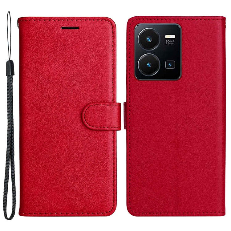 KT Leather Series-2 for vivo Y35 / Y22s 4G / Y22 4G PU Leather Solid Color Phone Case Stand Wallet Design Magnetic Shockproof Cover with Strap - Red