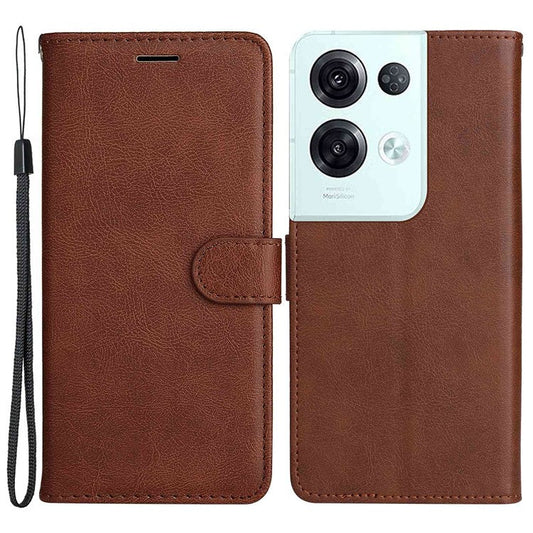 KT Leather Series-2 for Oppo Reno8 Pro 5G (Global Version) / Reno8 Pro+ (China) 5G Wallet Phone Case Solid Color PU Leather Magnetic Closure Flip Stand Cover with Strap - Brown