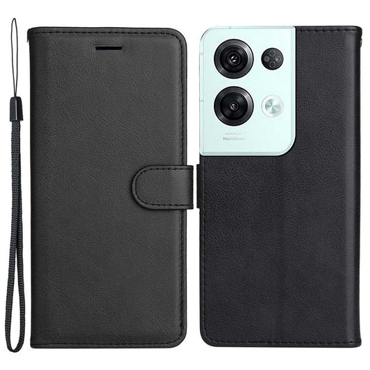 KT Leather Series-2 for Oppo Reno8 Pro 5G (Global Version) / Reno8 Pro+ (China) 5G Wallet Phone Case Solid Color PU Leather Magnetic Closure Flip Stand Cover with Strap - Black