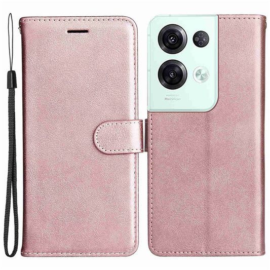 KT Leather Series-2 for Oppo Reno8 Pro 5G (Global Version) / Reno8 Pro+ (China) 5G Wallet Phone Case Solid Color PU Leather Magnetic Closure Flip Stand Cover with Strap - Rose Gold