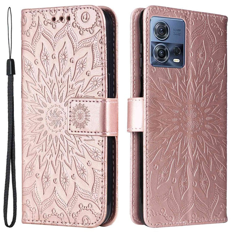 KT Imprinting Flower Series-1 for Motorola Edge 30 Fusion 5G / Moto S30 Pro 5G PU Leather Shockproof Case Sunflower Imprinted Stand Phone Wallet Cover - Rose Gold