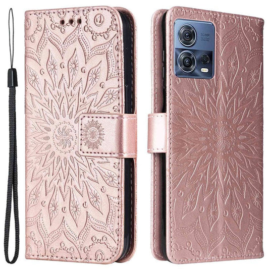 KT Imprinting Flower Series-1 for Motorola Edge 30 Fusion 5G / Moto S30 Pro 5G PU Leather Shockproof Case Sunflower Imprinted Stand Phone Wallet Cover - Rose Gold
