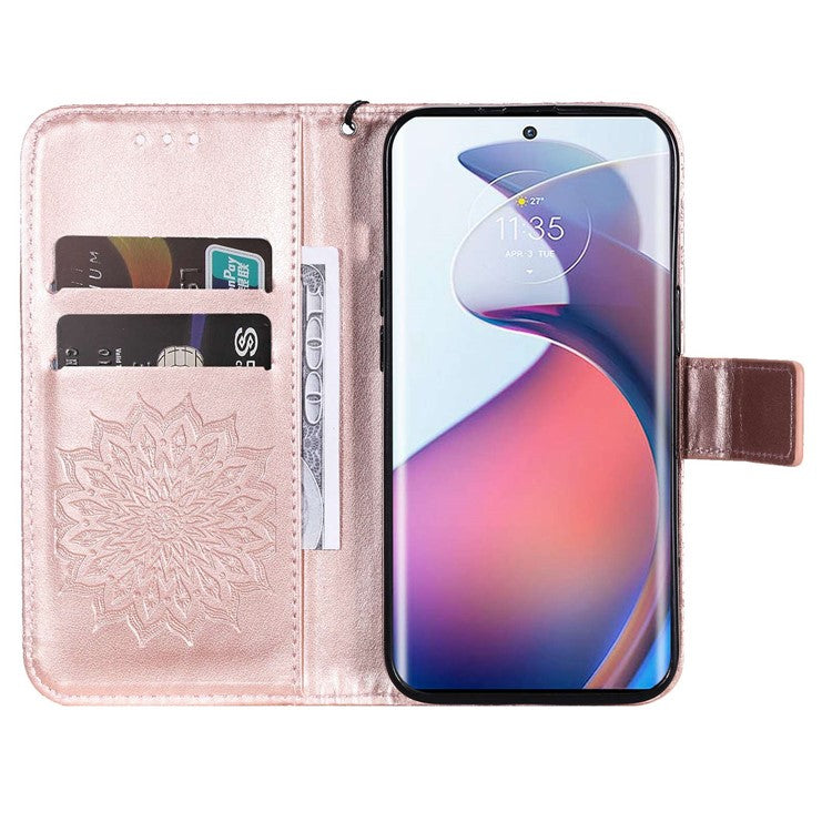 KT Imprinting Flower Series-1 for Motorola Edge 30 Fusion 5G / Moto S30 Pro 5G PU Leather Shockproof Case Sunflower Imprinted Stand Phone Wallet Cover - Rose Gold