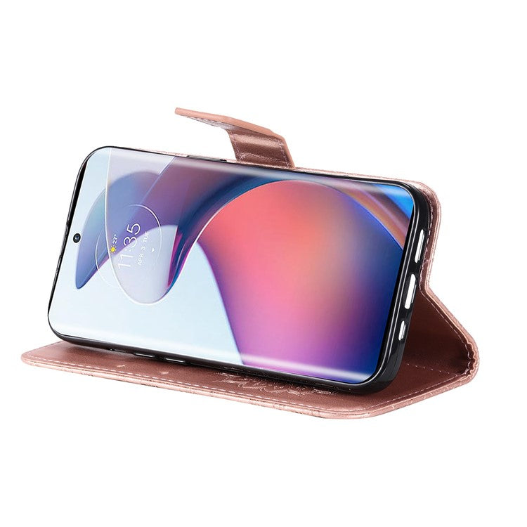 KT Imprinting Flower Series-1 for Motorola Edge 30 Fusion 5G / Moto S30 Pro 5G PU Leather Shockproof Case Sunflower Imprinted Stand Phone Wallet Cover - Rose Gold