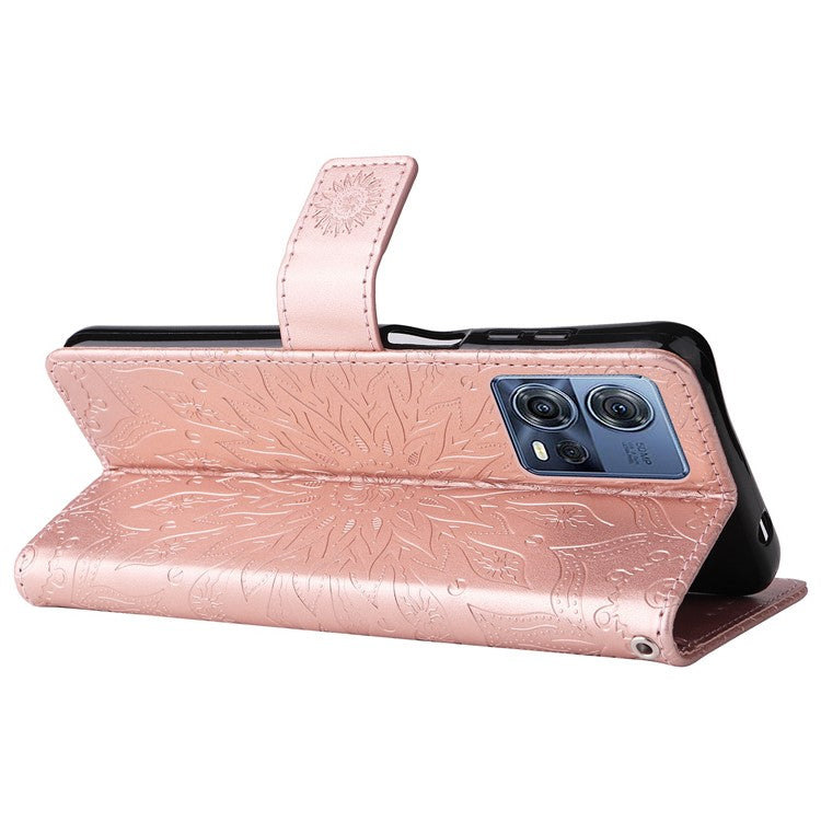 KT Imprinting Flower Series-1 for Motorola Edge 30 Fusion 5G / Moto S30 Pro 5G PU Leather Shockproof Case Sunflower Imprinted Stand Phone Wallet Cover - Rose Gold