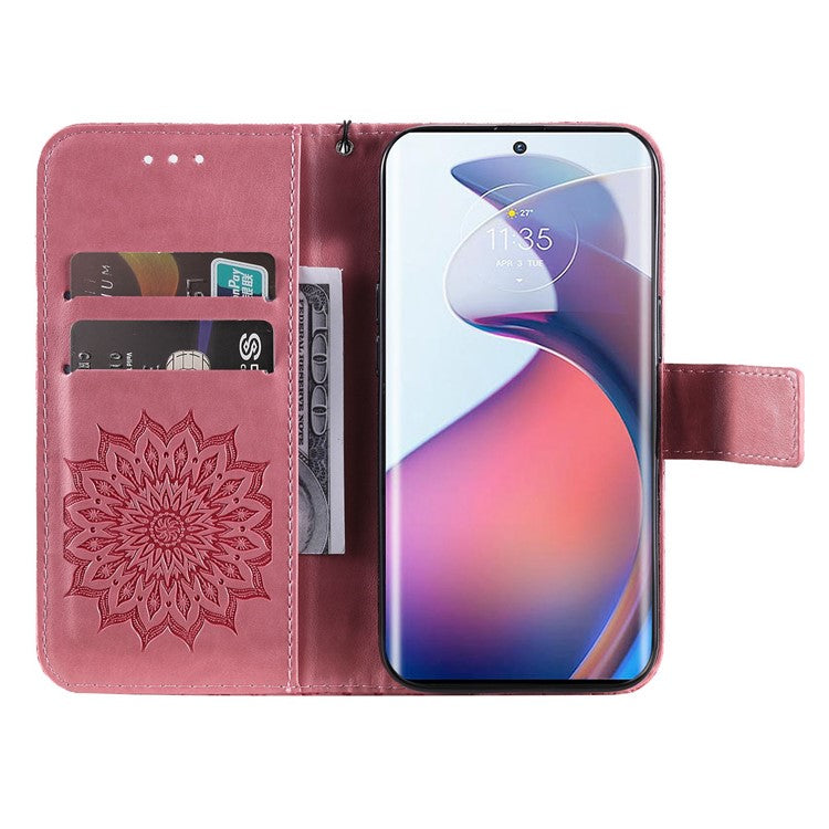 KT Imprinting Flower Series-1 for Motorola Edge 30 Fusion 5G / Moto S30 Pro 5G PU Leather Shockproof Case Sunflower Imprinted Stand Phone Wallet Cover - Pink