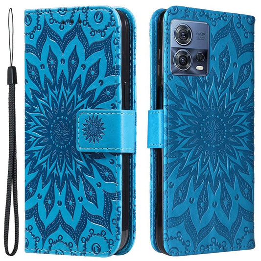 KT Imprinting Flower Series-1 for Motorola Edge 30 Fusion 5G / Moto S30 Pro 5G PU Leather Shockproof Case Sunflower Imprinted Stand Phone Wallet Cover - Blue