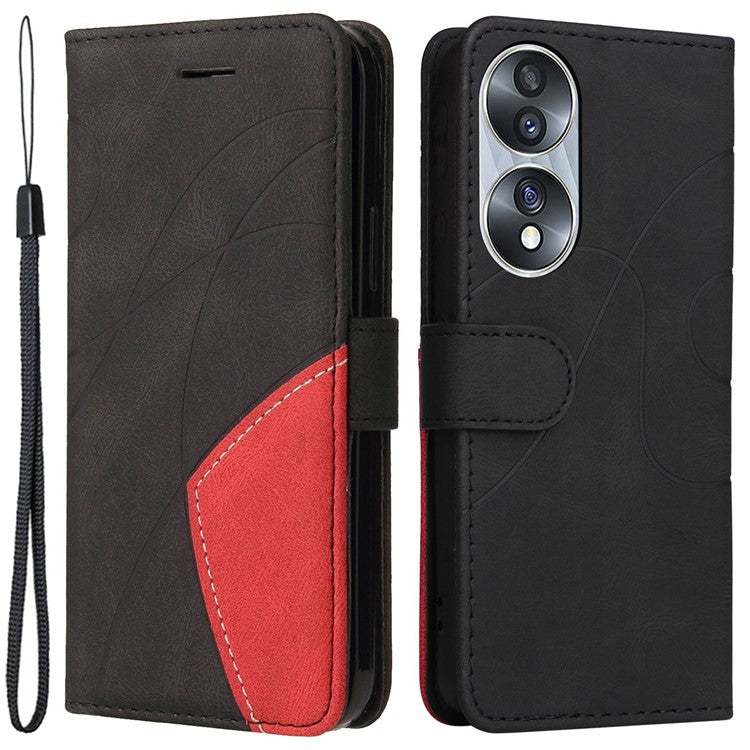 KT Leather Series-1 For Honor 70 5G Dual-color Splicing PU Leather Phone Wallet Case Stand Function Phone Cover with Strap - Black