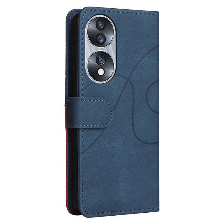 KT Leather Series-1 For Honor 70 5G Dual-color Splicing PU Leather Phone Wallet Case Stand Function Phone Cover with Strap - Blue