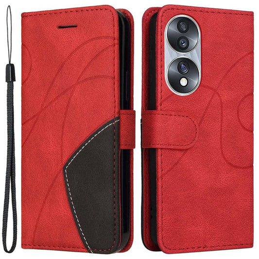 KT Leather Series-1 For Honor 70 5G Dual-color Splicing PU Leather Phone Wallet Case Stand Function Phone Cover with Strap - Red