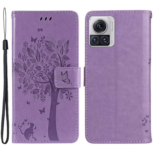 KT Imprinting Flower Series-3 for Motorola Moto X30 Pro 5G / Edge 30 Ultra 5G Phone Case Imprinted Cat Tree Pattern Wallet Stand Drop Prevention PU Leather Phone Cover - Light Purple