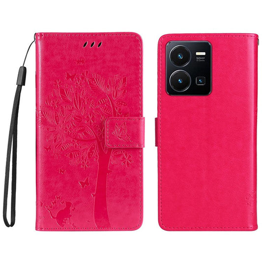 KT Imprinting Flower Series-3 for vivo Y35 / Y22s 4G / Y22 4G Protective Flip Phone Case Imprinted Cat Tree Pattern Wallet Stand Anti-wear PU Leather Phone Cover - Rose