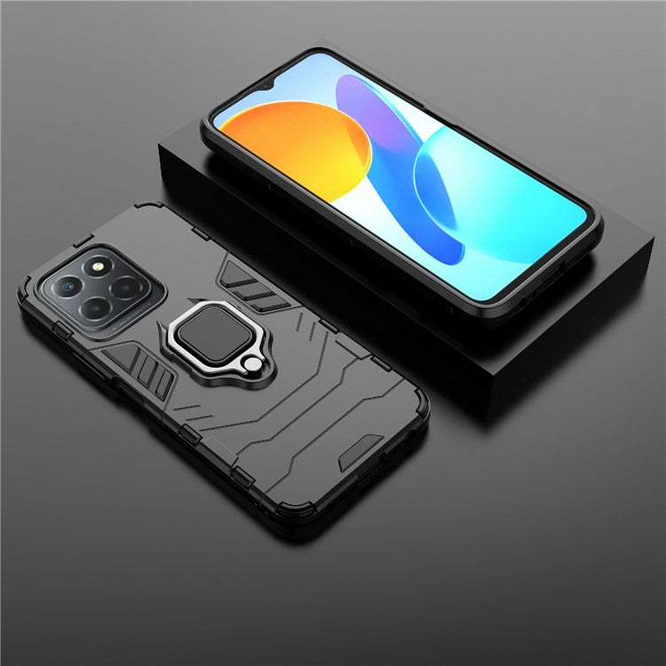 Ring Holder Kickstand Protective Phone Cover for Honor X8 5G, Hard PC Soft TPU Anti-scratch Hybrid Case - Black