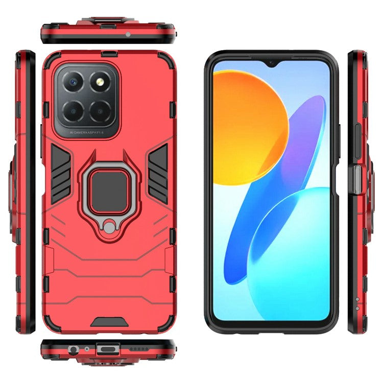 Ring Holder Kickstand Protective Phone Cover for Honor X8 5G, Hard PC Soft TPU Anti-scratch Hybrid Case - Red