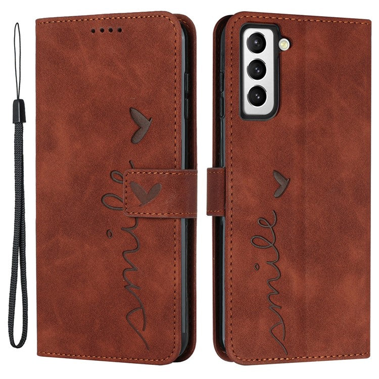 Phone Case Wallet for Samsung Galaxy S23+, Imprinting Heart Shape Skin-touch Feeling PU Leather Stand Flip Mobile Phone Cover - Brown