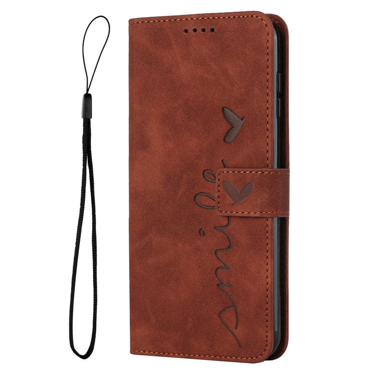 Phone Case Wallet for Samsung Galaxy S23+, Imprinting Heart Shape Skin-touch Feeling PU Leather Stand Flip Mobile Phone Cover - Brown