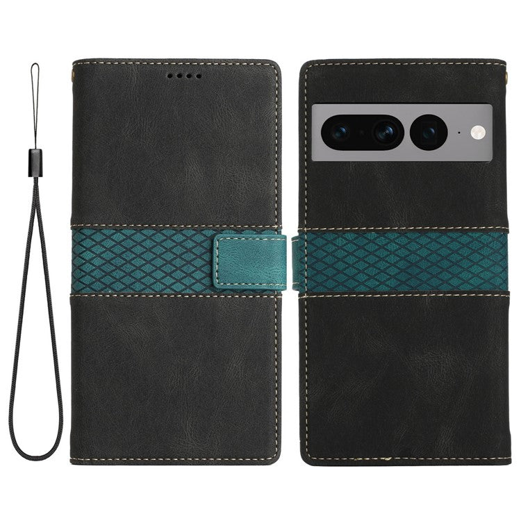 For Google Pixel 7 Pro 5G Grid Splicing Wallet Flip Case PU Leather Magnetic Closure Stand Phone Cover with Strap - Black