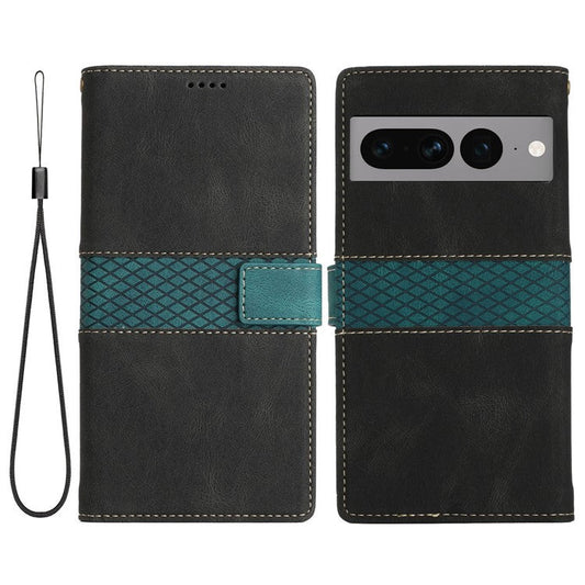 For Google Pixel 7 Pro 5G Grid Splicing Wallet Flip Case PU Leather Magnetic Closure Stand Phone Cover with Strap - Black