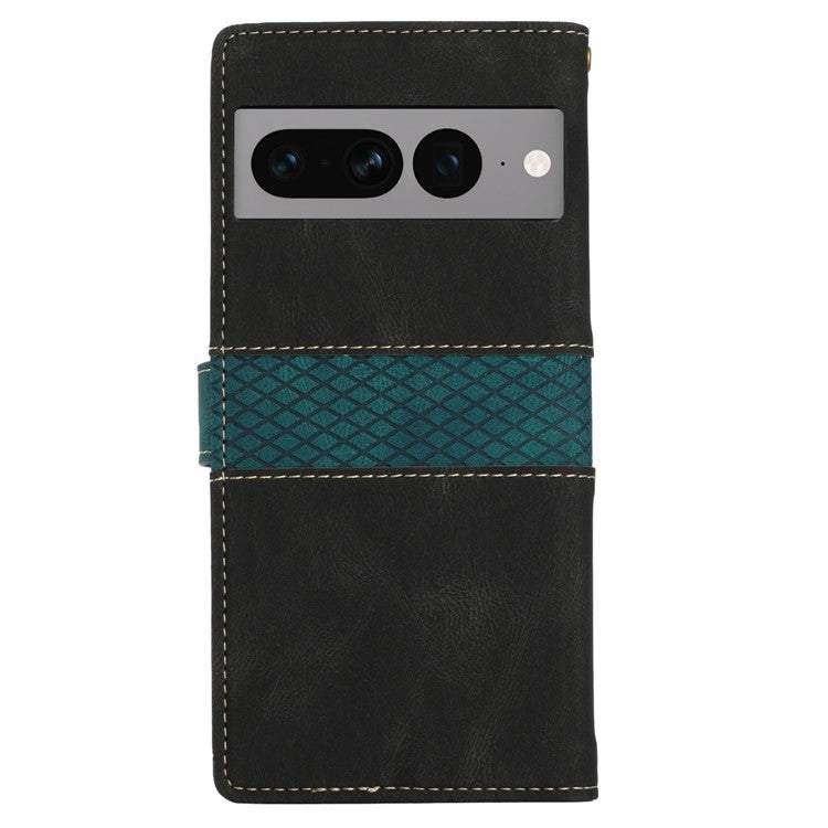 For Google Pixel 7 Pro 5G Grid Splicing Wallet Flip Case PU Leather Magnetic Closure Stand Phone Cover with Strap - Black