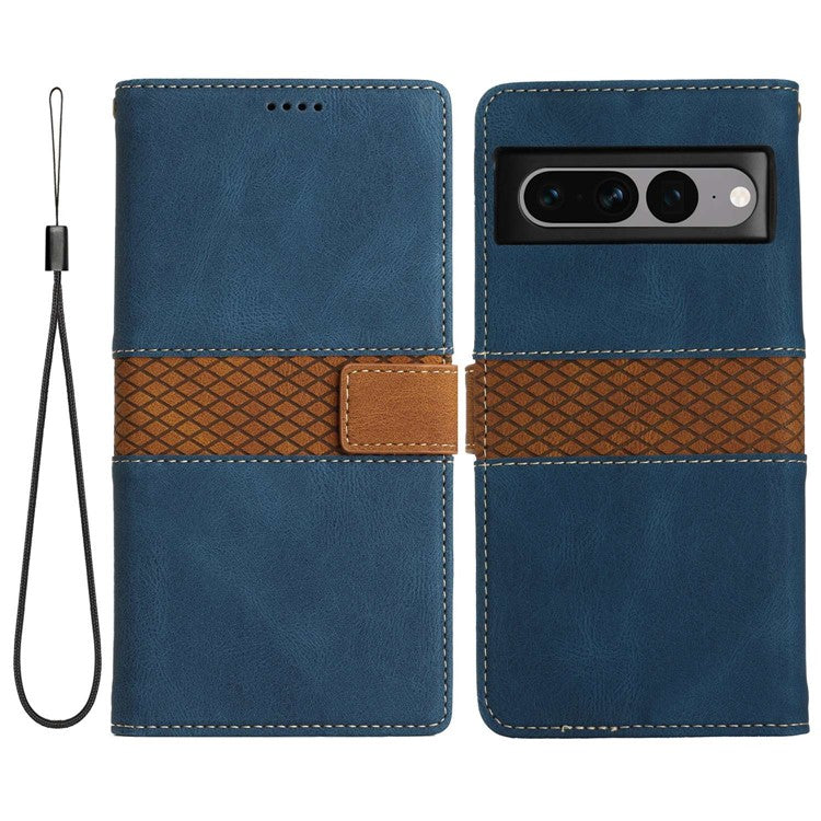 For Google Pixel 7 Pro 5G Grid Splicing Wallet Flip Case PU Leather Magnetic Closure Stand Phone Cover with Strap - Blue