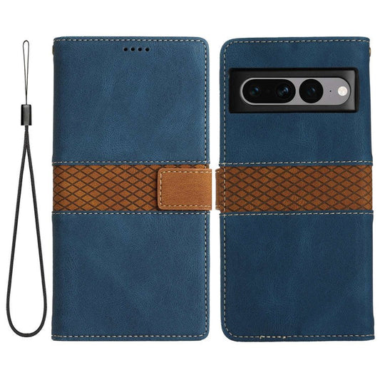 For Google Pixel 7 Pro 5G Grid Splicing Wallet Flip Case PU Leather Magnetic Closure Stand Phone Cover with Strap - Blue