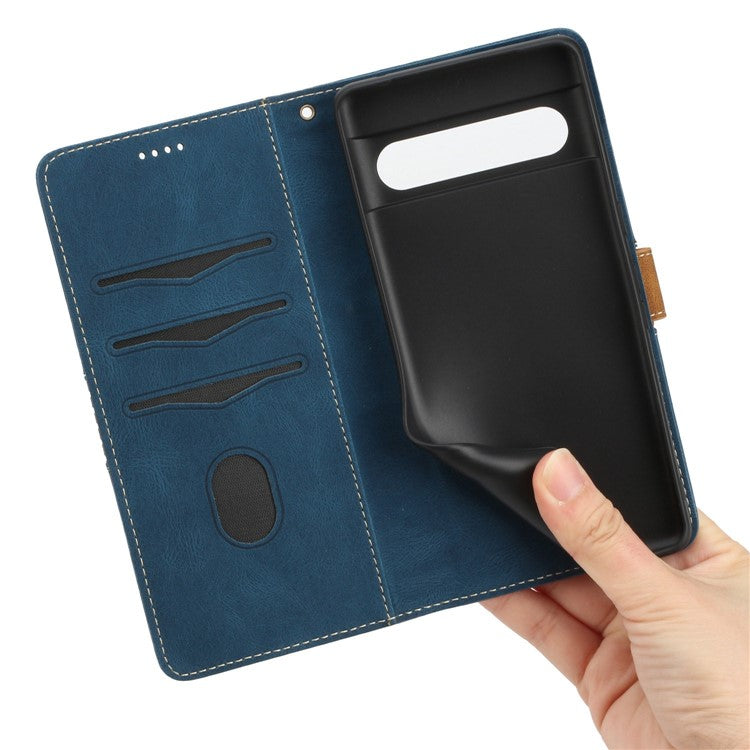 For Google Pixel 7 Pro 5G Grid Splicing Wallet Flip Case PU Leather Magnetic Closure Stand Phone Cover with Strap - Blue