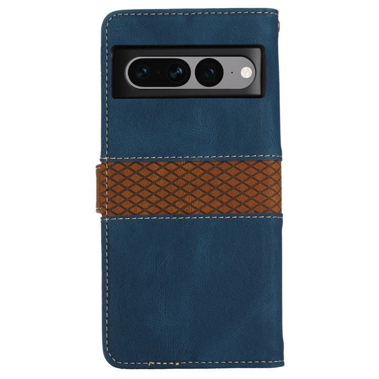 For Google Pixel 7 Pro 5G Grid Splicing Wallet Flip Case PU Leather Magnetic Closure Stand Phone Cover with Strap - Blue