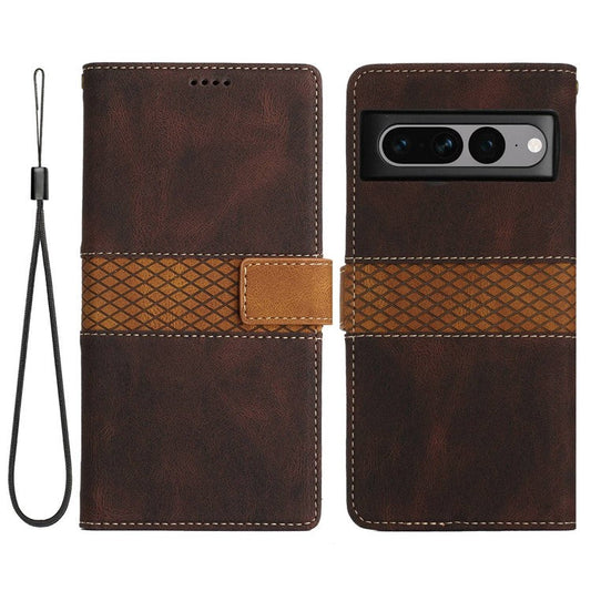 For Google Pixel 7 Pro 5G Grid Splicing Wallet Flip Case PU Leather Magnetic Closure Stand Phone Cover with Strap - Brown