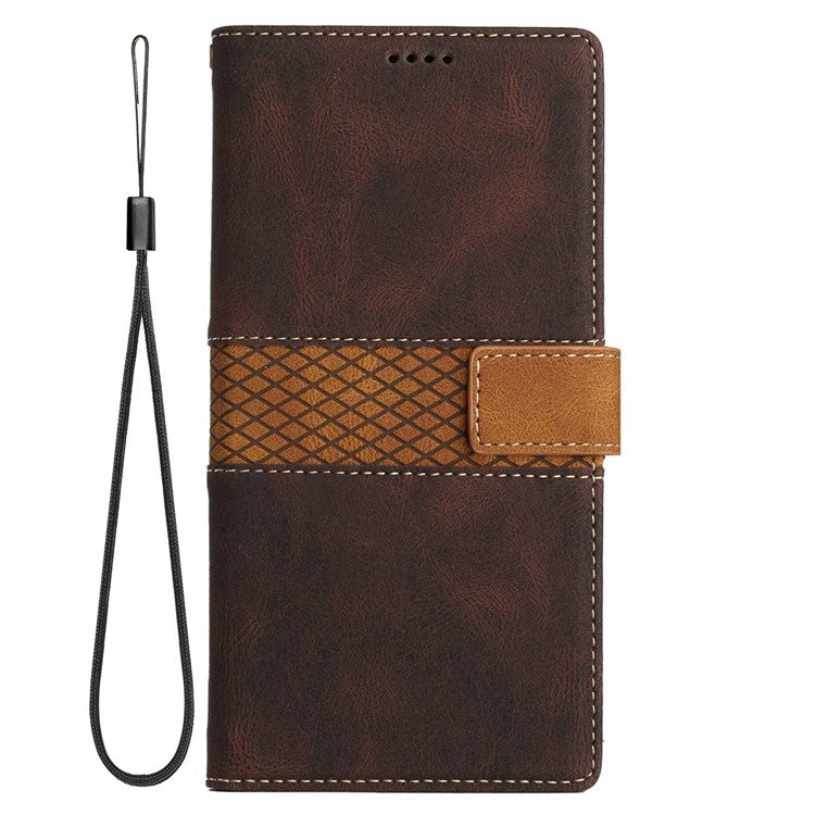 For Google Pixel 7 Pro 5G Grid Splicing Wallet Flip Case PU Leather Magnetic Closure Stand Phone Cover with Strap - Brown