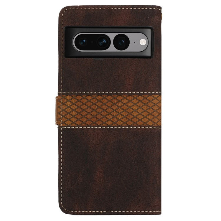 For Google Pixel 7 Pro 5G Grid Splicing Wallet Flip Case PU Leather Magnetic Closure Stand Phone Cover with Strap - Brown