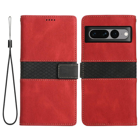 For Google Pixel 7 Pro 5G Grid Splicing Wallet Flip Case PU Leather Magnetic Closure Stand Phone Cover with Strap - Red
